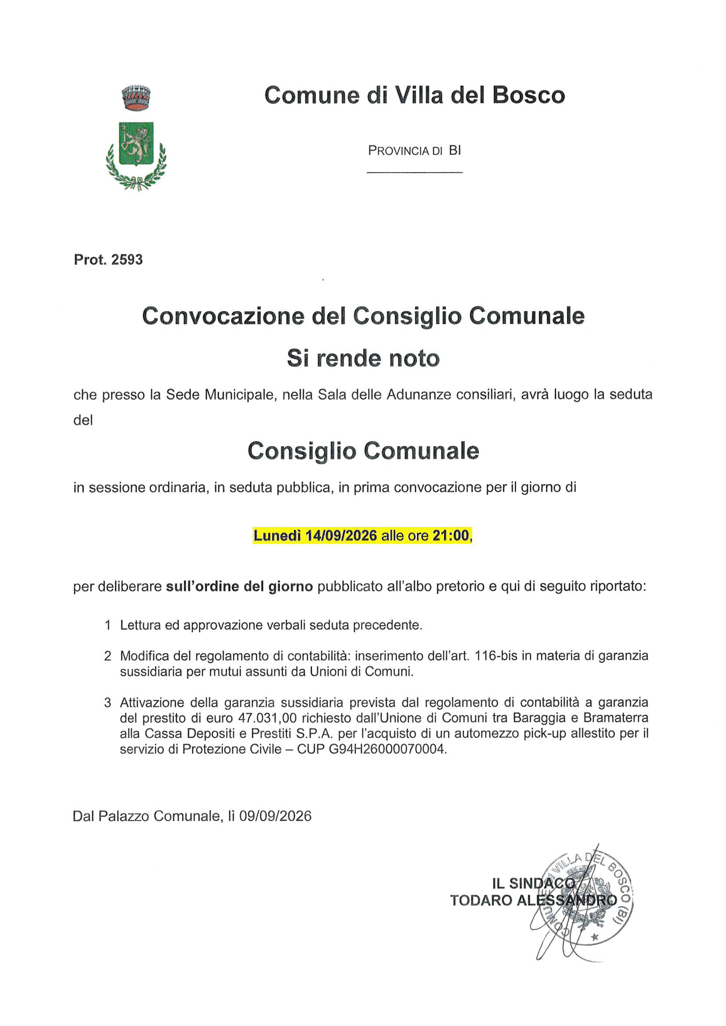 Convocazione Consiglio Comunale