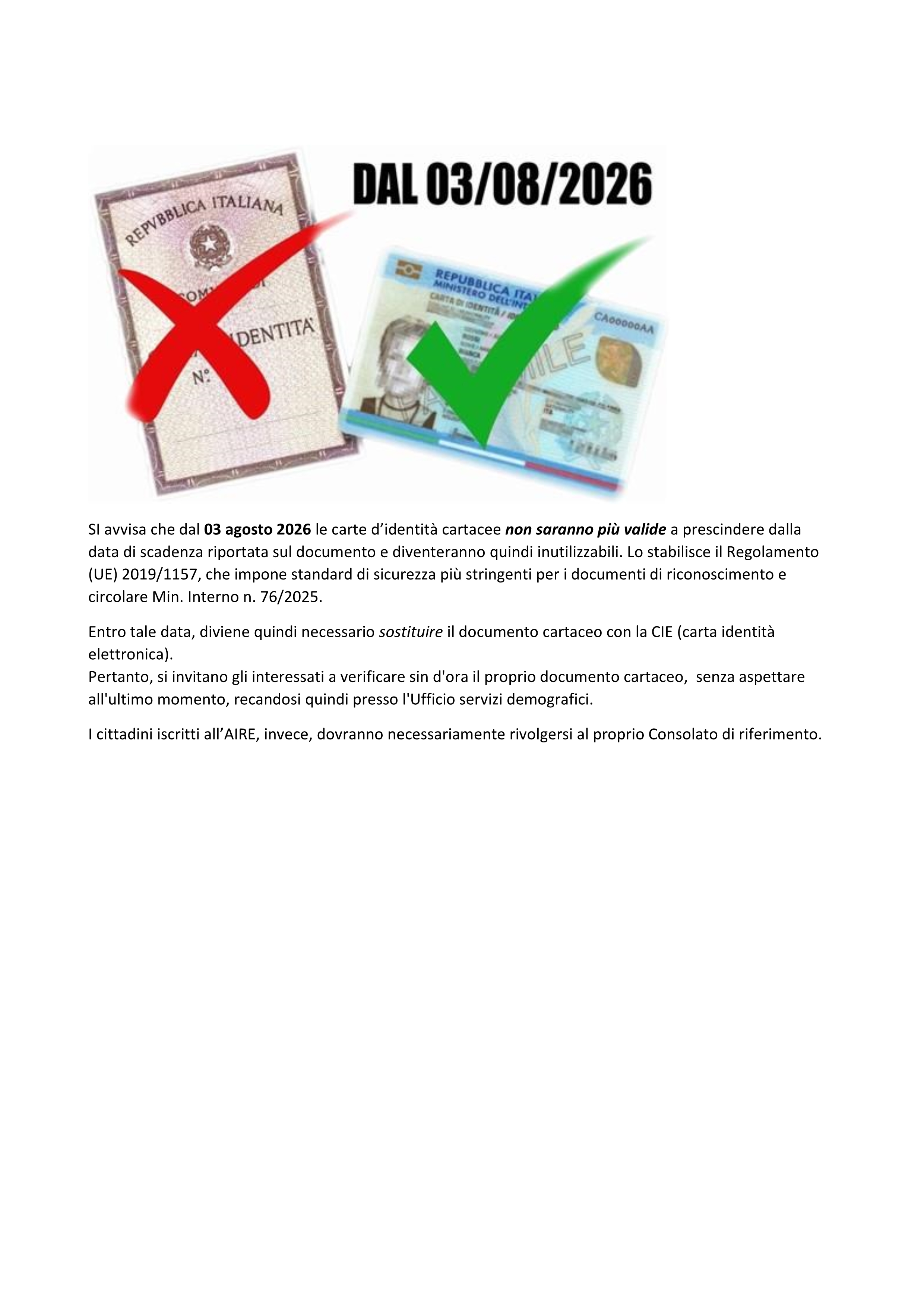 Carta d'identità cartacea non più valida dal 03/08/2026